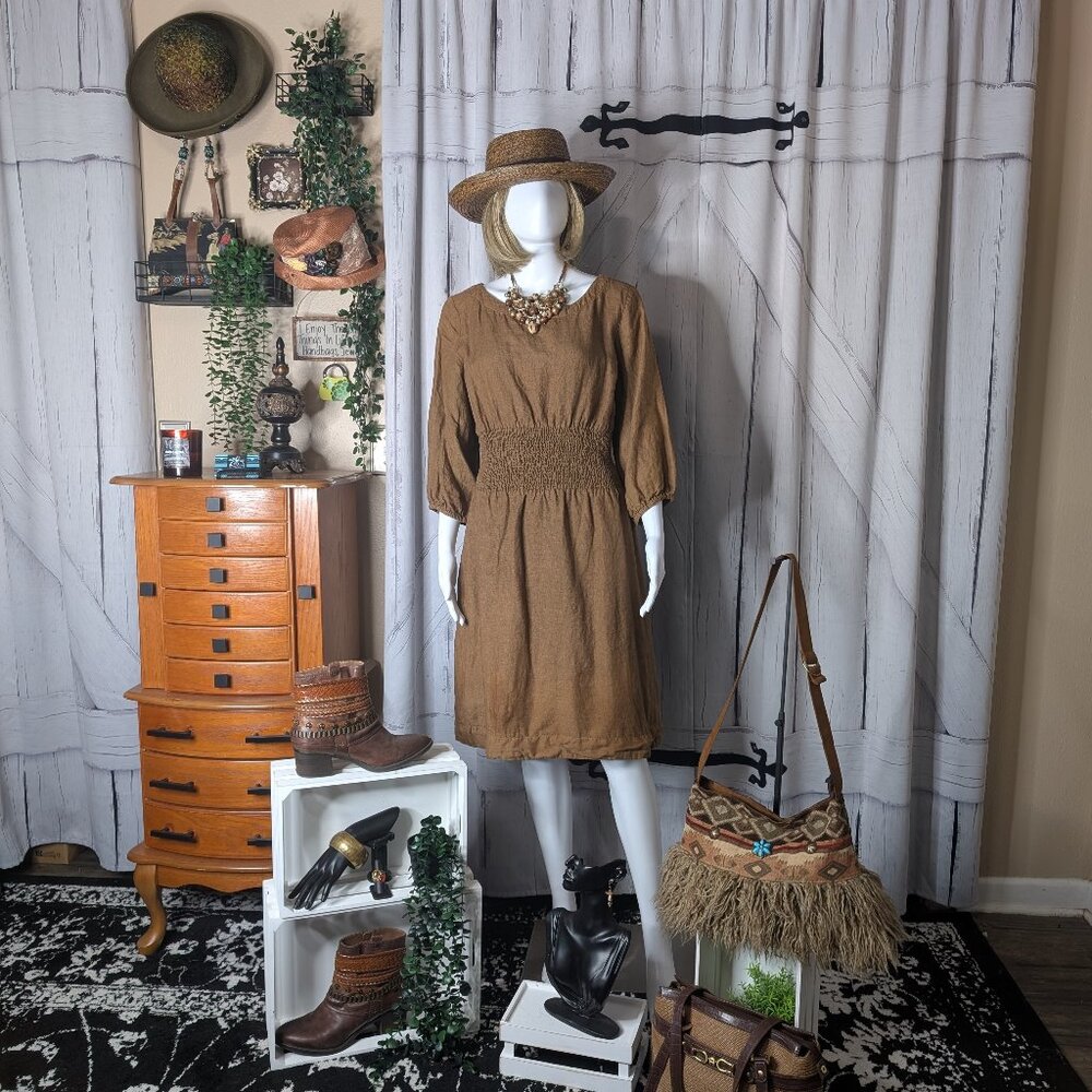 Ellementree Handmade Linen Dress Brown L